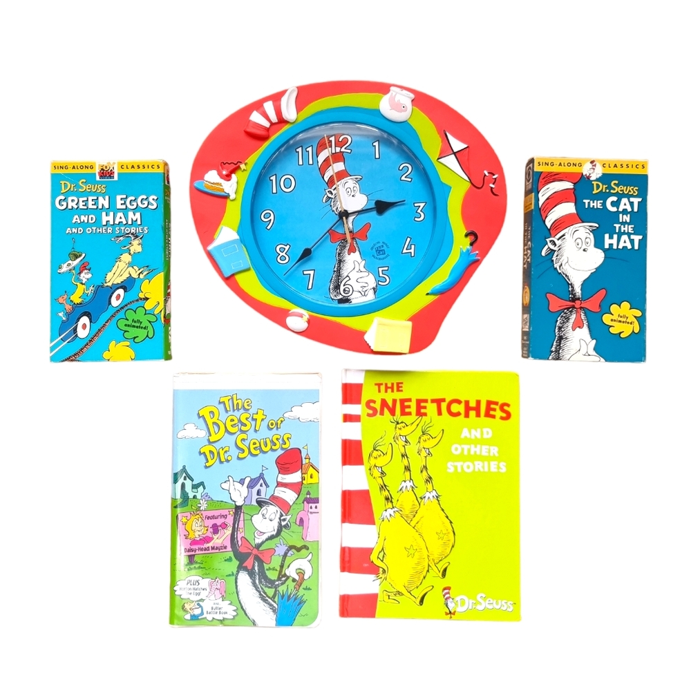 Dr. Suess Vtg Clock, Book & 3 VHS Movies